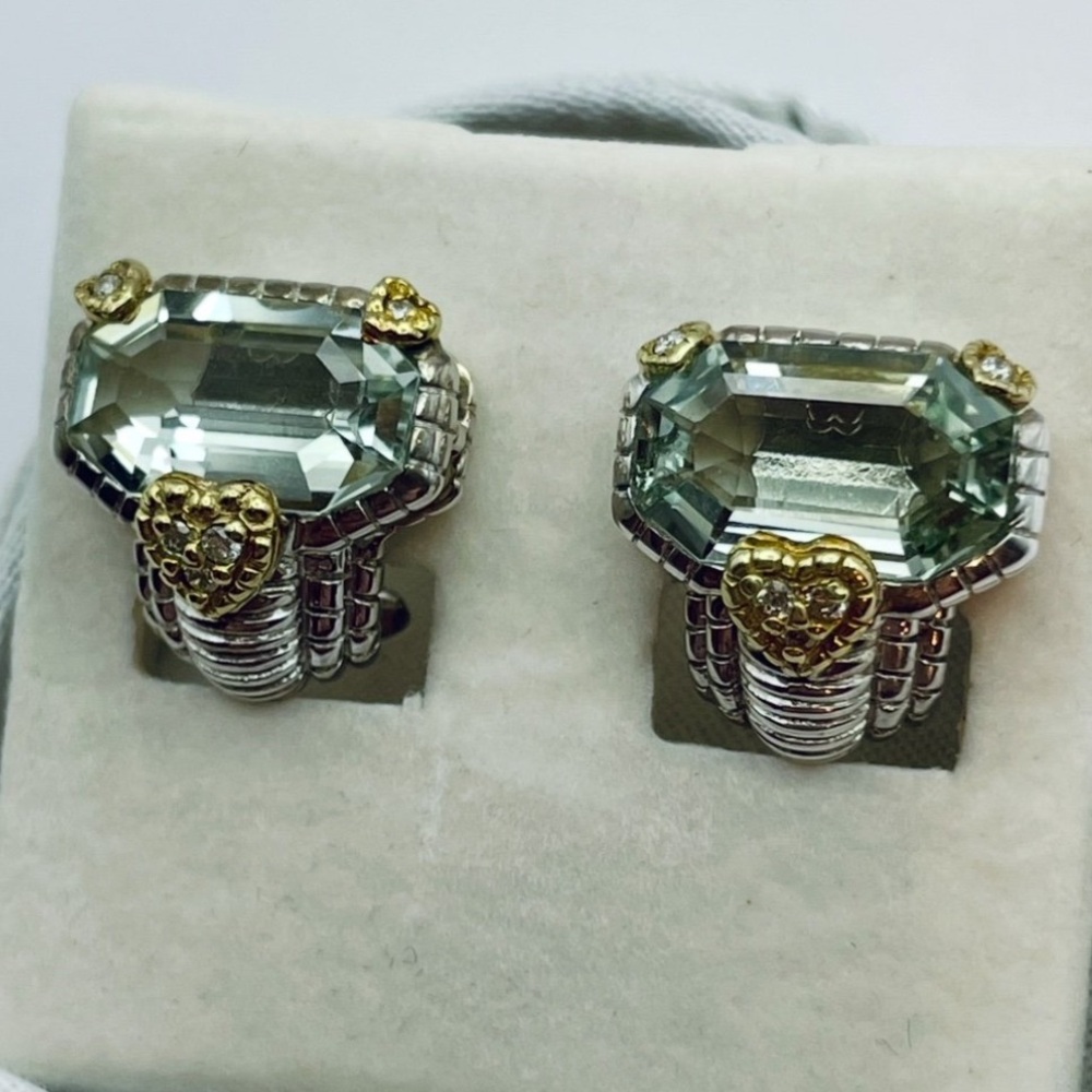 Judith Ripka JR TWO Prasiolite Diamond 18K Gold 925 Sterling Silver Earrings